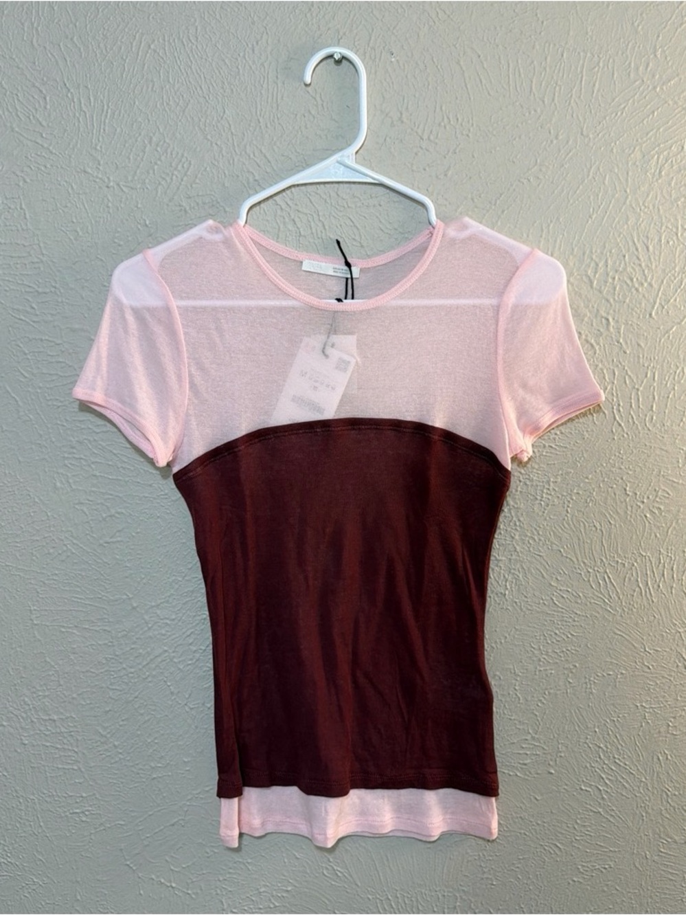 Zara Two-Tone Sheer Short Sleeve Top in Pink and Maroon